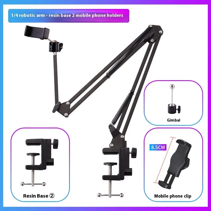 Black foldable metal desktop bracket holding a tablet at an adjustable angle on a desk.