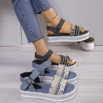 Women's denim tassel sandals with thick flat sole and hemp rope design