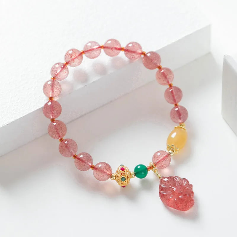 Women's strawberry quartz crystal beaded bracelet with magnetic clasp in a Nine Tail Fox design.