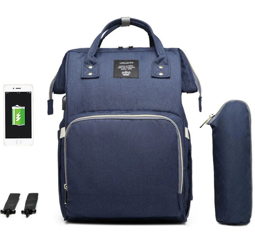 A stylish and practical mummy backpack with features like an insulated bottle compartment, USB charging port, and water-resistant construction.
