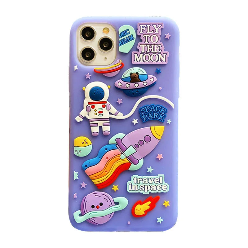 Purple silicone iPhone case with cartoon astronaut spaceman design showing precise port cut-outs