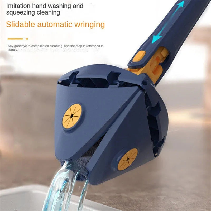 Blue and white extendable triangle cleaning mop with rotating head on a stainless steel pole.