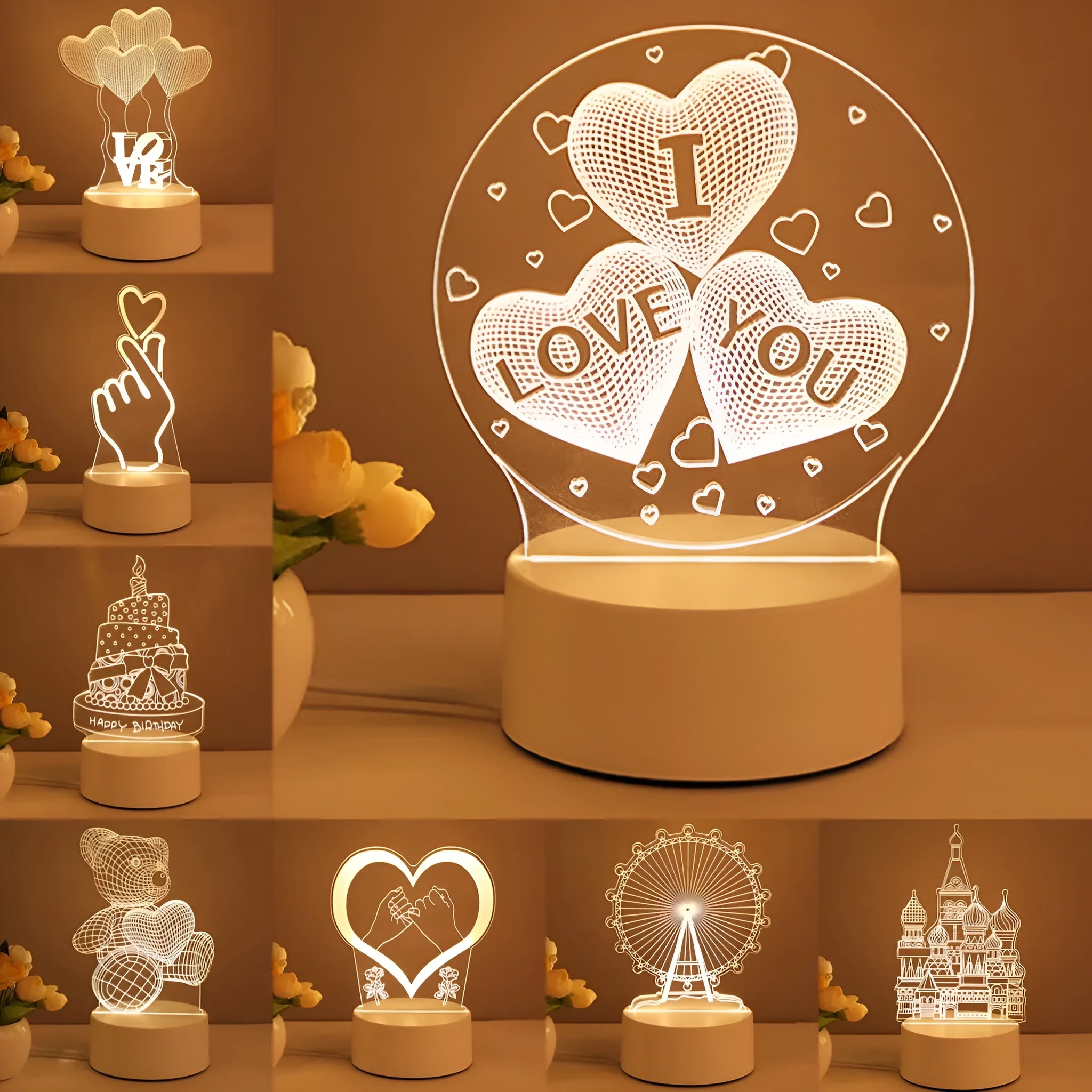 3D acrylic USB LED night light with warm white illumination and projection function in a love balloon style