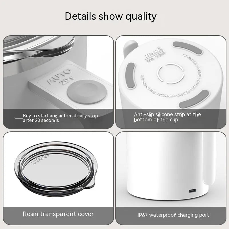 White automatic stirring coffee cup with magnetic base and stainless steel interior