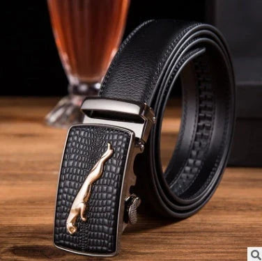 Men's automatic buckle leather belt with gold buckle head, 3.55cm width