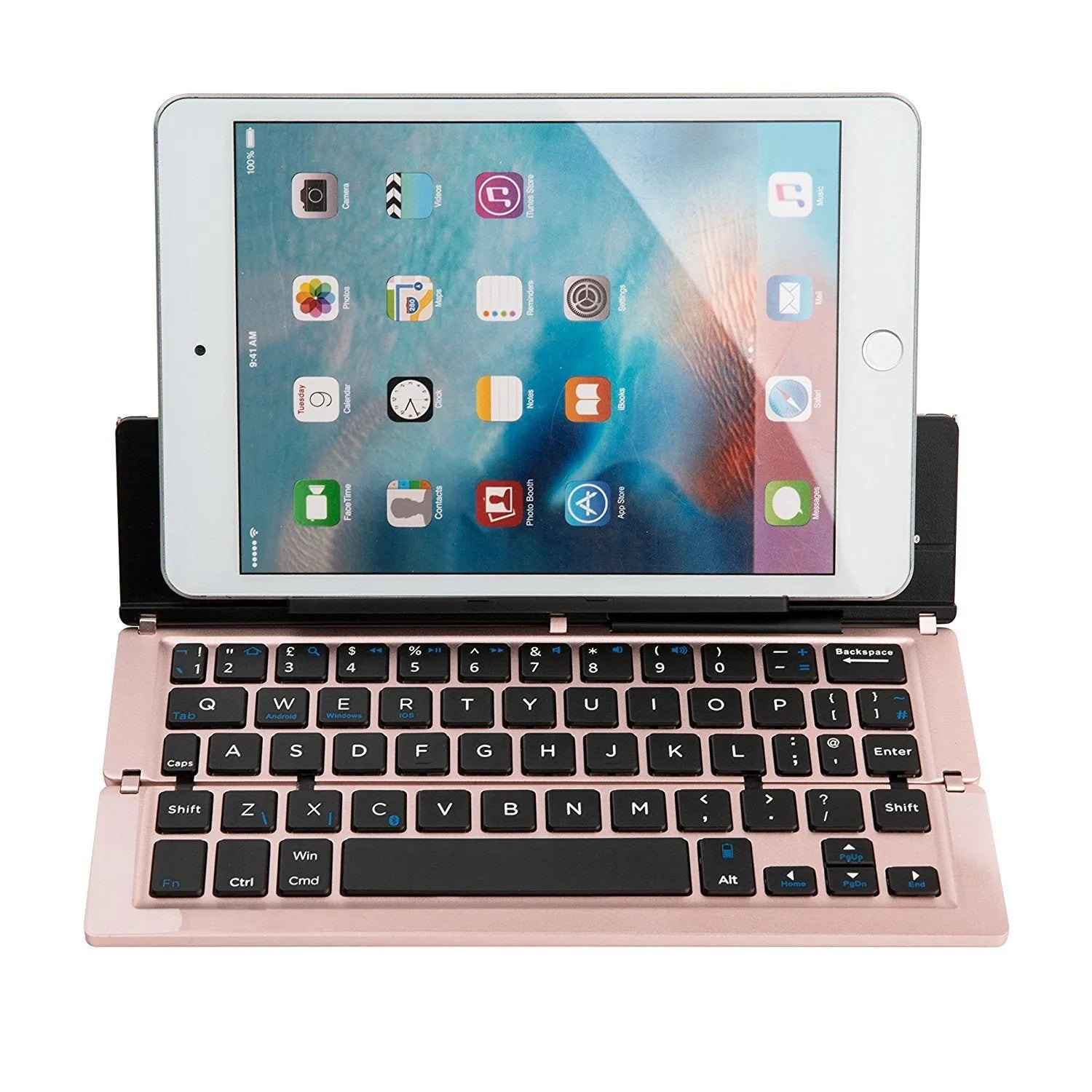 F18 three-fold folding Bluetooth keyboard in silvery finish, folded state, with aluminum alloy body
