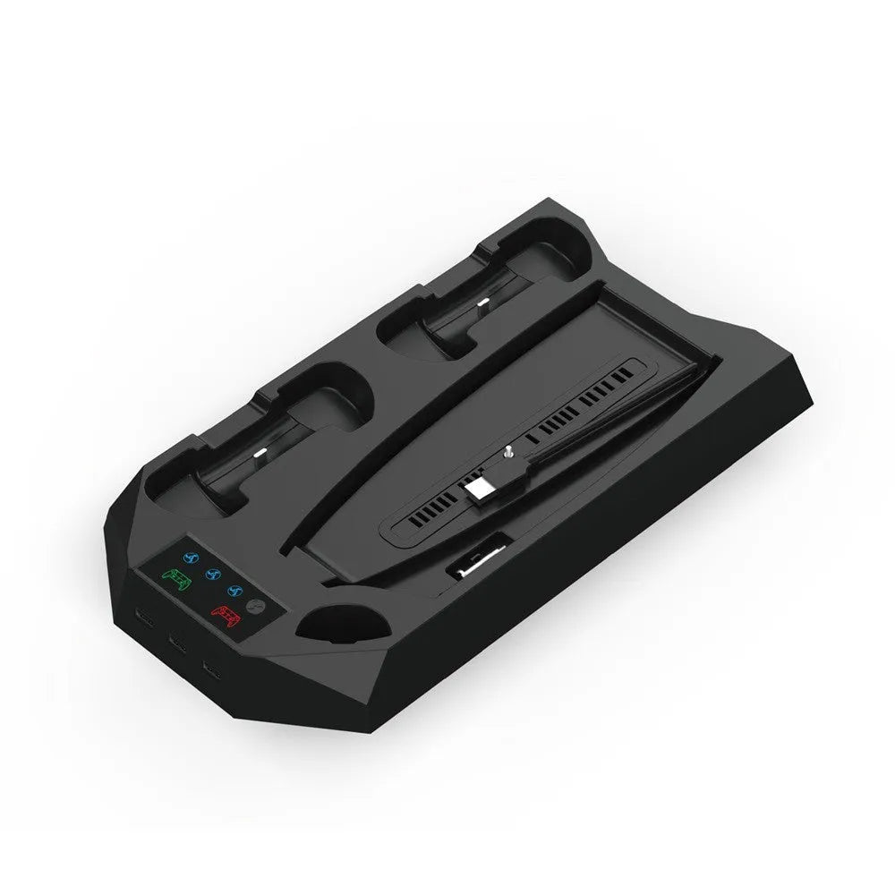 Black PS5 charging and cooling base station next to a PS5 console and controller