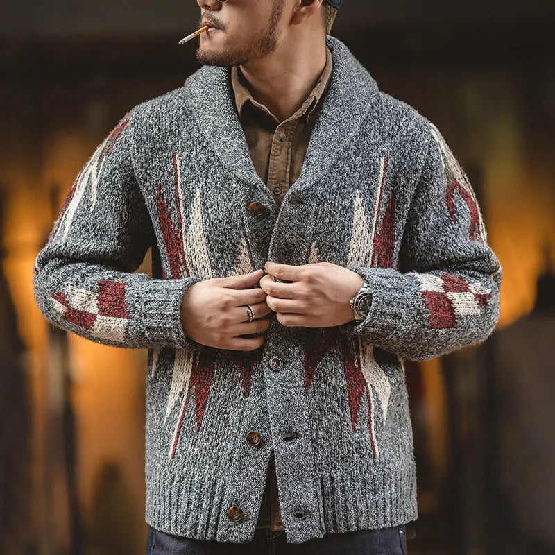 Men's lapel cardigan in dark grey, thick polyester jacket with long sleeves