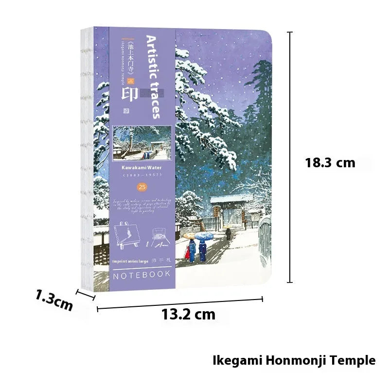 Ukiyo-e art hand ledger notebook open on a desk showing detailed Kanagawa wave cover and lined pages.