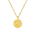 Silver stainless steel zodiac necklace with geometric round pendant showing embossed constellation design