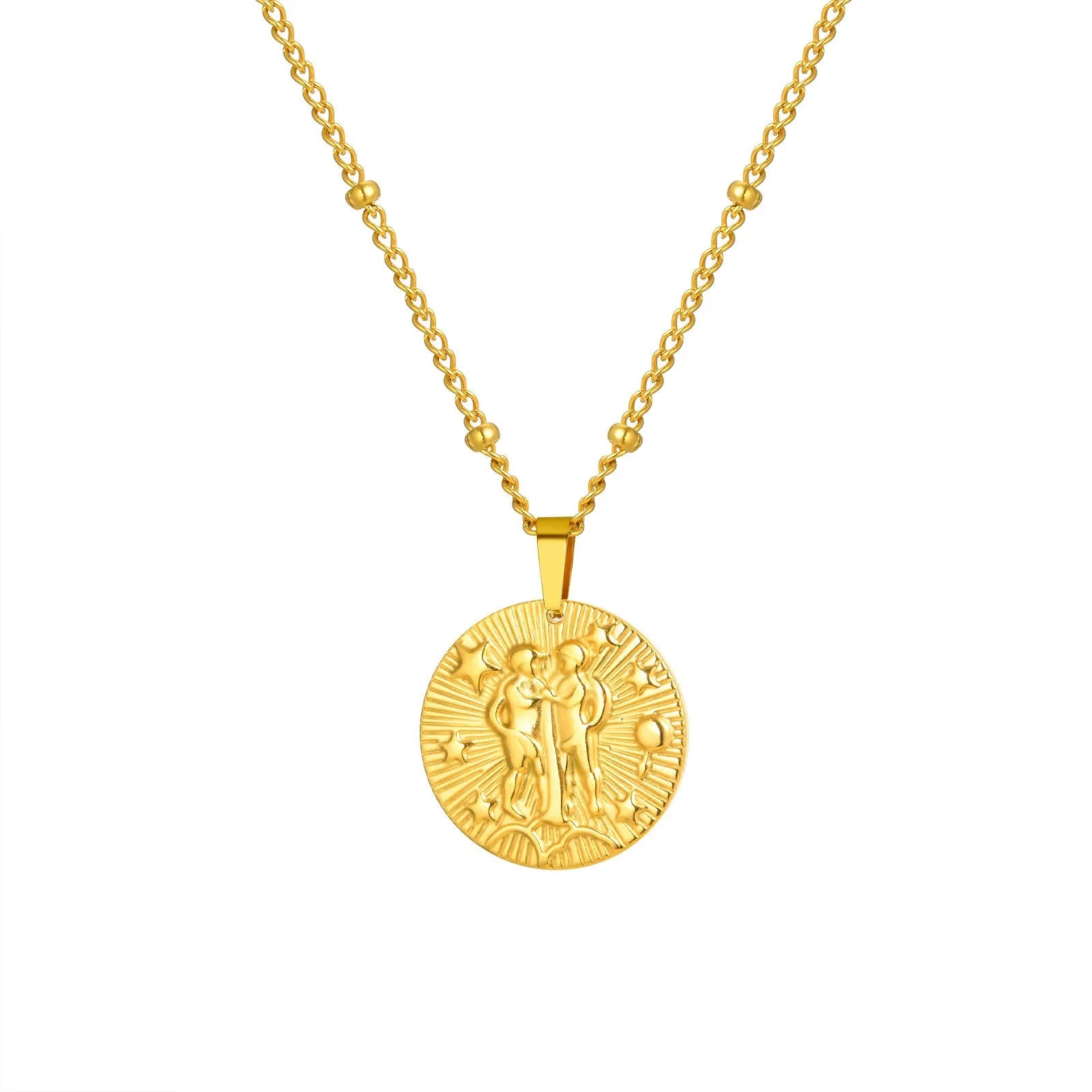 Silver stainless steel zodiac necklace with geometric round pendant showing embossed constellation design