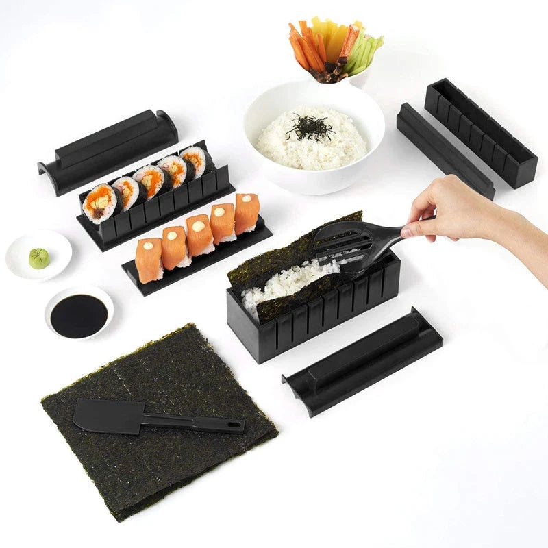 Plastic sushi making kit with 5 molds for creating heart, round, and square sushi shapes