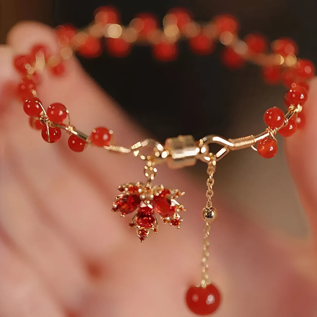 Red ginkgo leaf Chinese style magnetic bracelet with alloy electroplating