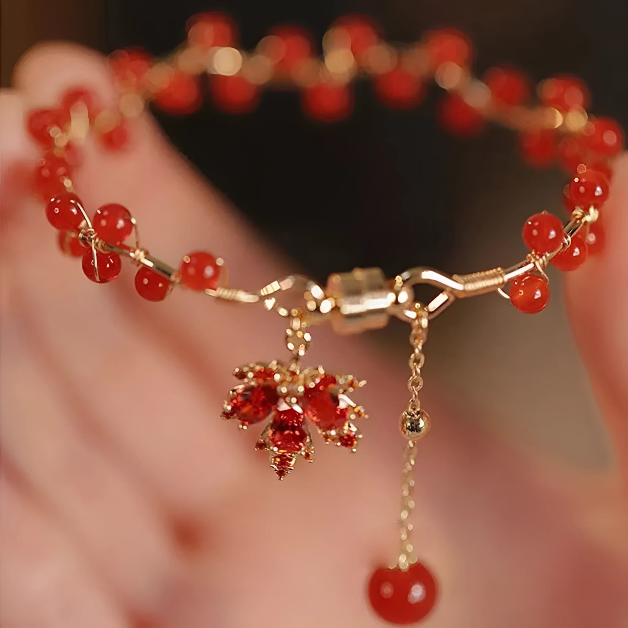 Red ginkgo leaf Chinese style magnetic bracelet with alloy electroplating