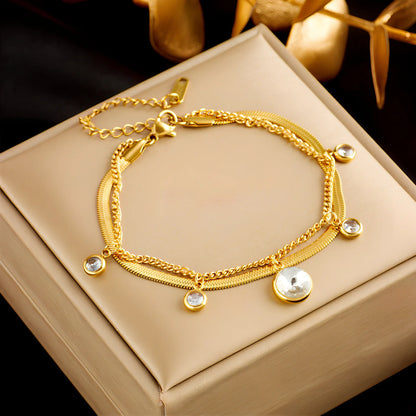 Gold plated titanium steel double-layer snake chain bracelet with five-pointed star charm