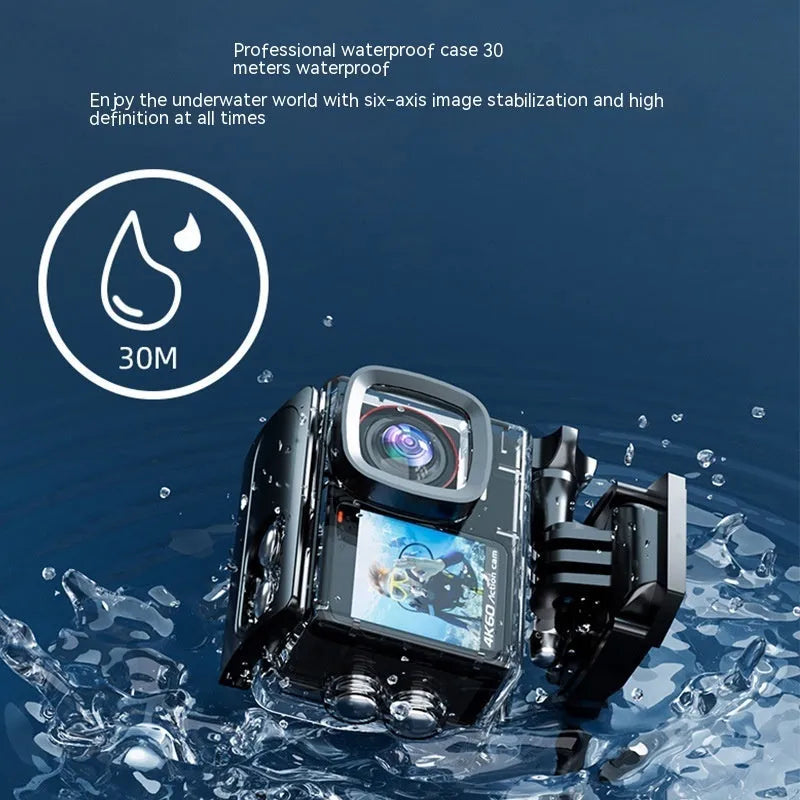 True 4K action camera with waterproof housing, ABS body, and dual-colour screen for outdoor sports