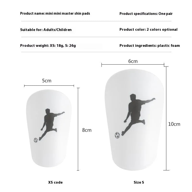 Mini football leg protector in black PU material, size XS, measuring 8 cm by 5 cm
