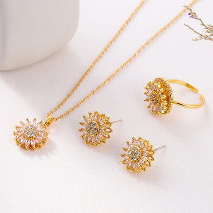 Sunflower-themed stainless steel jewellery set with zircon accents, including necklace, earrings, and ring