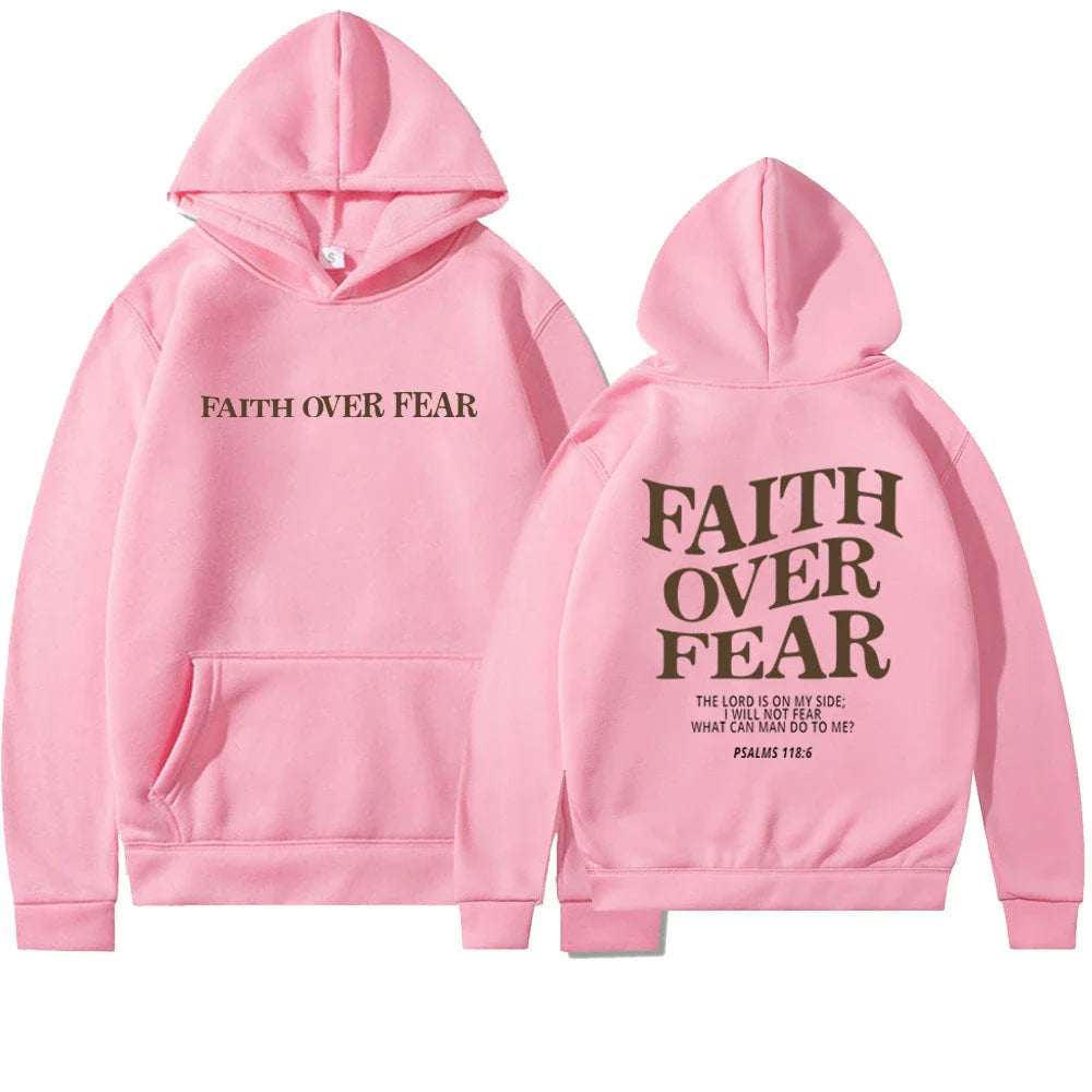 Inspirational Christian hoodie with 'Faith Over Fear' graphic in various colors