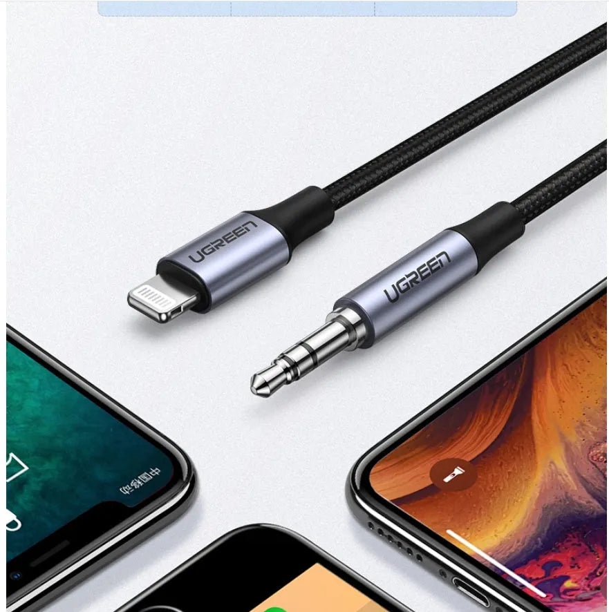 Black Apple Lightning to 3.5mm audio cable for car adapter with shiny silk braid thread