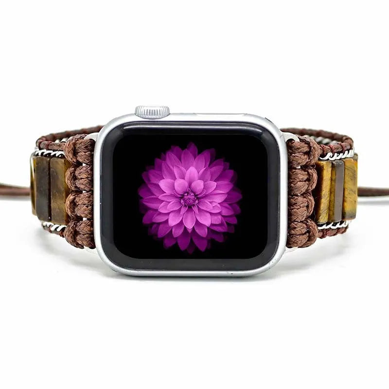 Rectangular tiger eye stone chain textile watch strap adjustable for 38-45mm watches