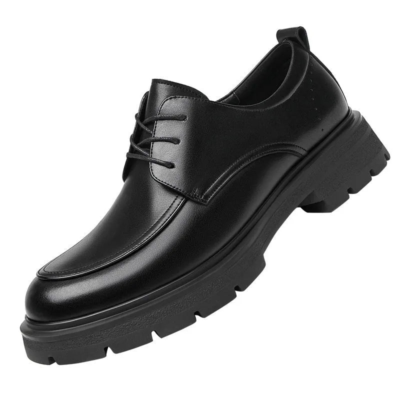 Height increasing formal leather shoes for men with 6cm lift, round toe, black colour, two-layer cowhide upper