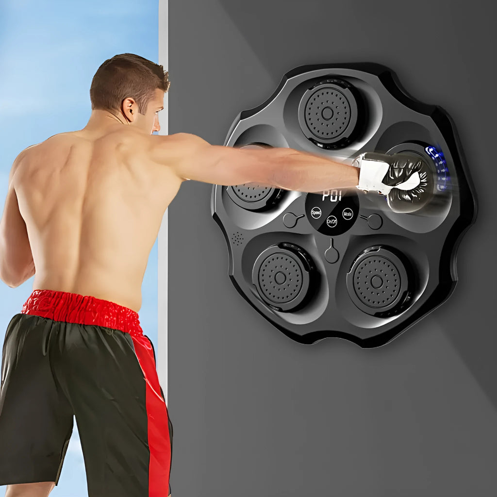 Black Bluetooth music-responsive boxing wall target mounted on a wall with boxing gloves.