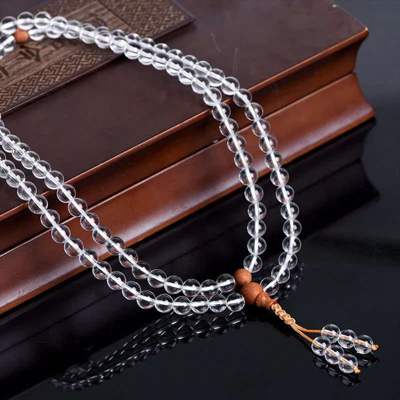 Natural white crystal 108 beads bracelet polished unisex retro geometric shape on display