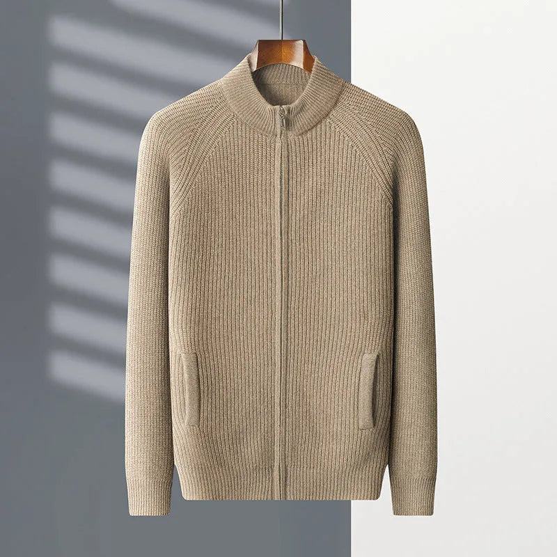 Men's half turtleneck zipper cardigan in solid colour, thickened wool yarn jacket for winter