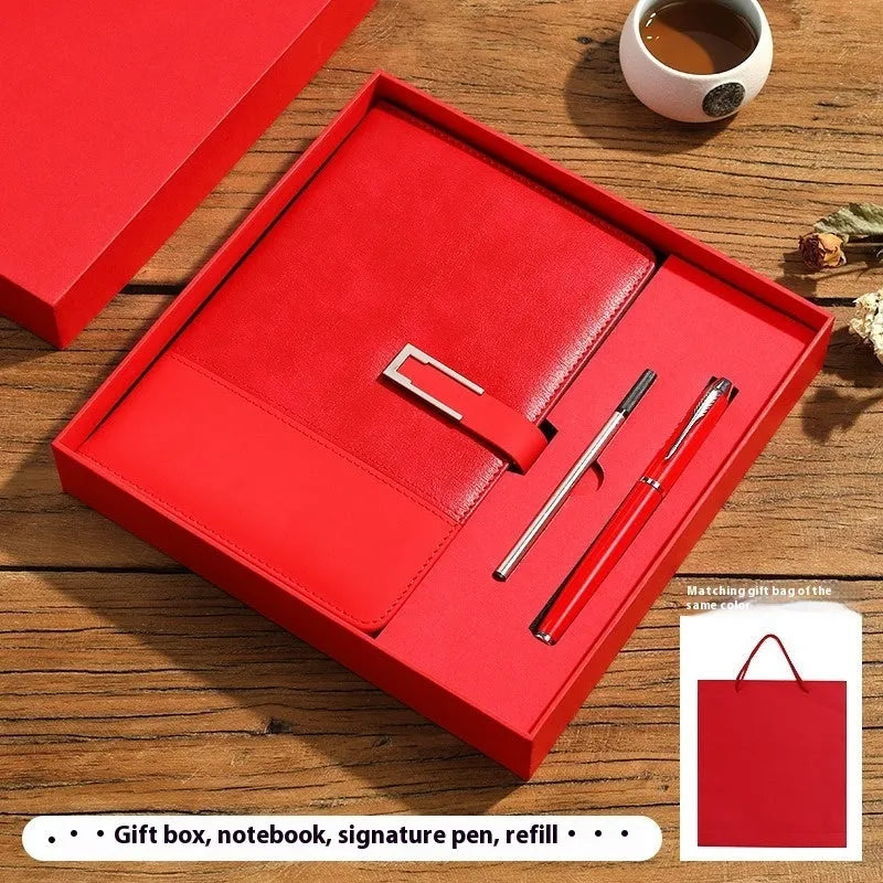 A5 soft PU leather business notebook in choice of five colours, shown with wood-free paper pages and optional gift box.