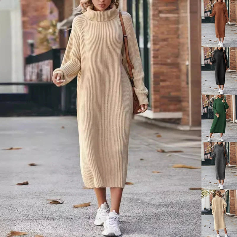 Winter turtleneck knitted sweater dress in acrylic fibre, available in five colours