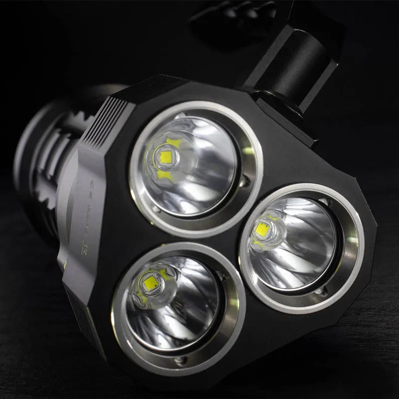 Aluminium alloy diving flashlight showing 18cm length, displayed with optional battery charger kit.