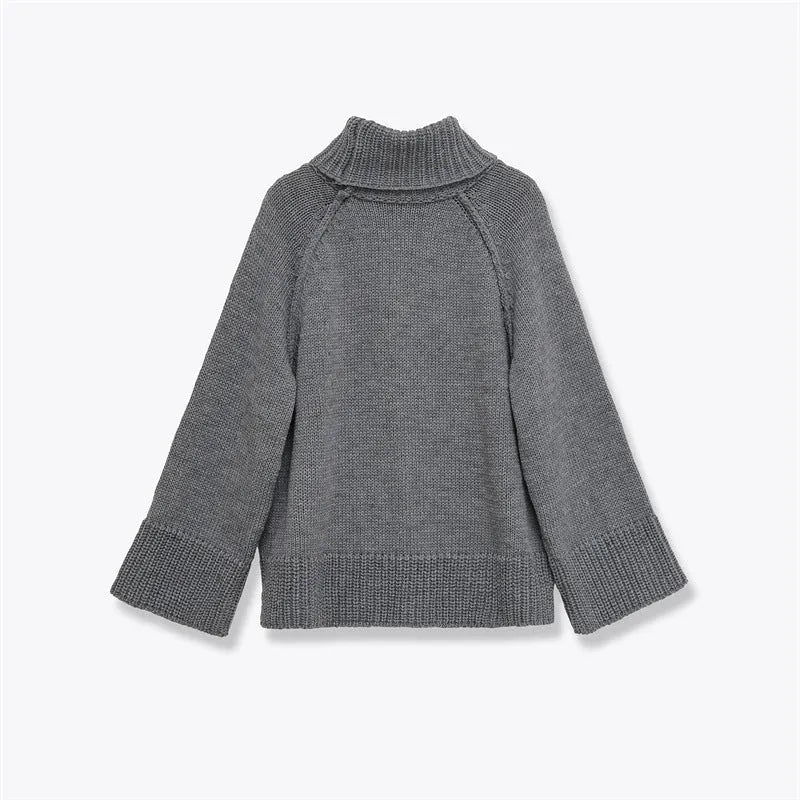 Women's casual loose stand-neck knit sweater in grey with contrast stripes, front view