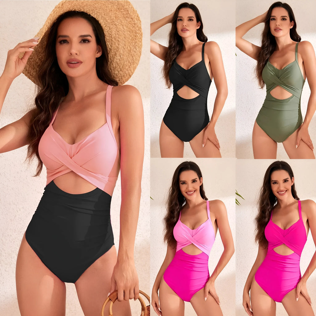 Women's solid colour high-waist one-piece swimsuit on a mannequin, showing the shaping silhouette.
