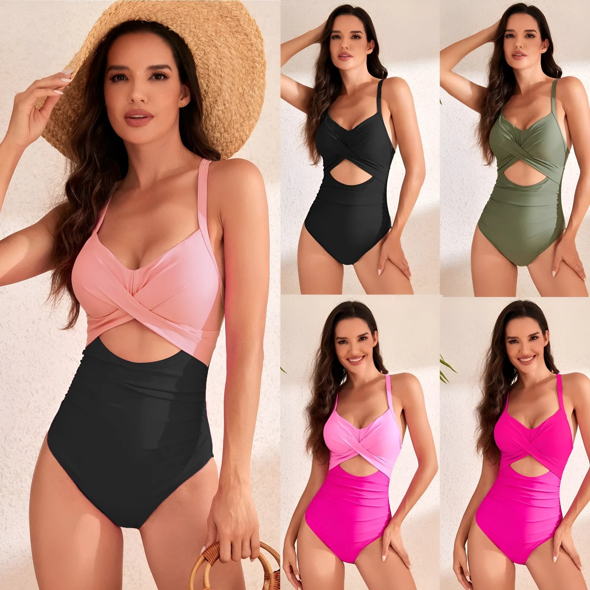 Women's solid colour high-waist one-piece swimsuit on a mannequin, showing the shaping silhouette.
