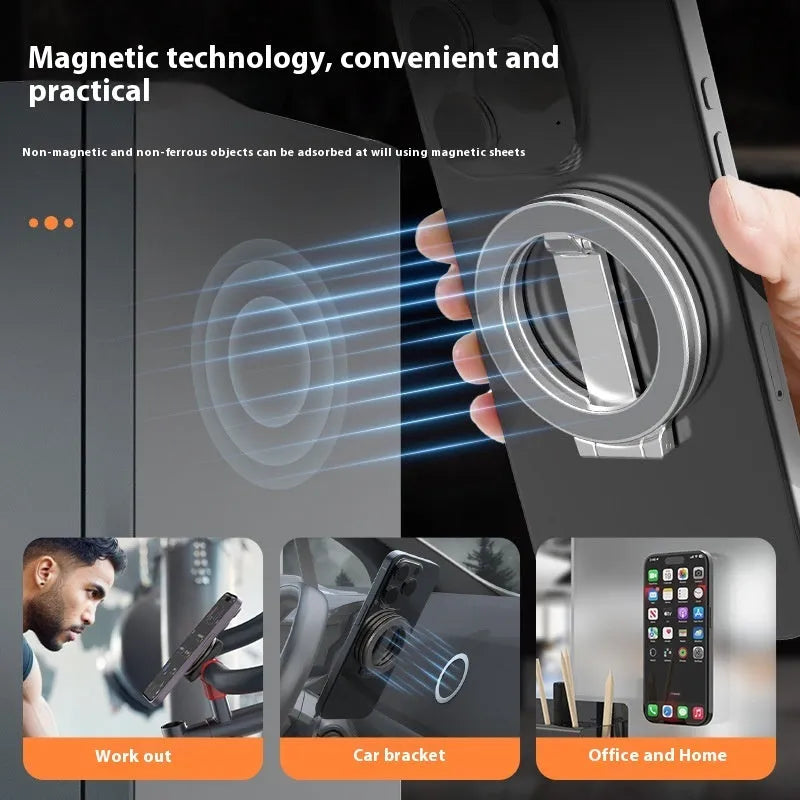Multi-functional fastened ring metal desktop stand bracket black colour on desk holding smartphone upright