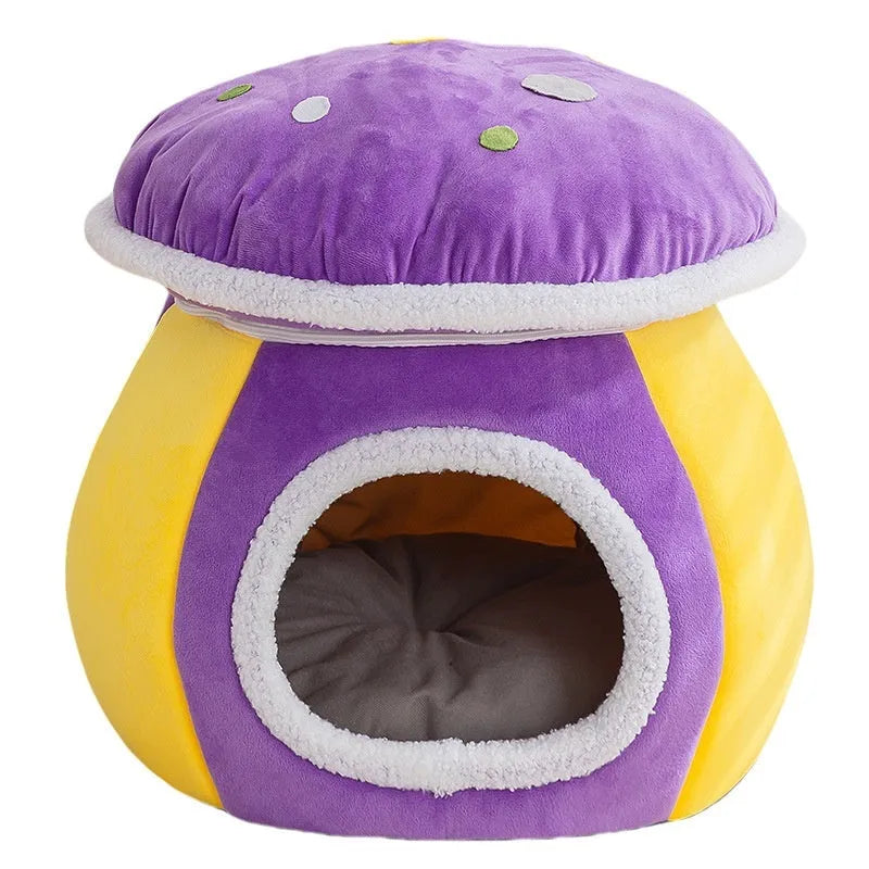 Grey mushroom-shaped plush cat bed with a detachable blanket, shown in a domestic setting.