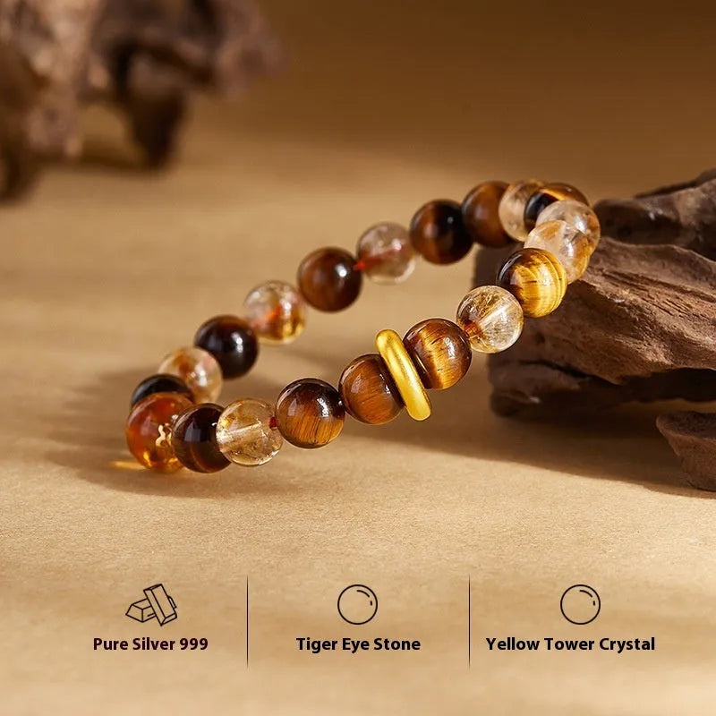 Tigereye beaded bracelet women 8mm crystal dome tiger style sterling silver