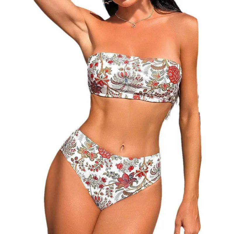 Women's printed bandeau triangle bikini top with matching swim shorts.