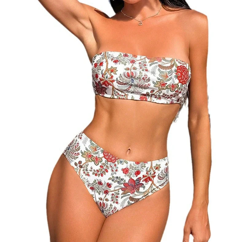 Women's printed bandeau swimsuit with triangle top and matching shorts, adjustable tie closure at back