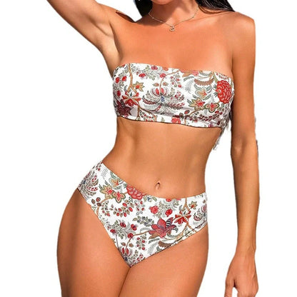 Women's printed bandeau swimsuit with triangle top and matching shorts, adjustable tie closure at back