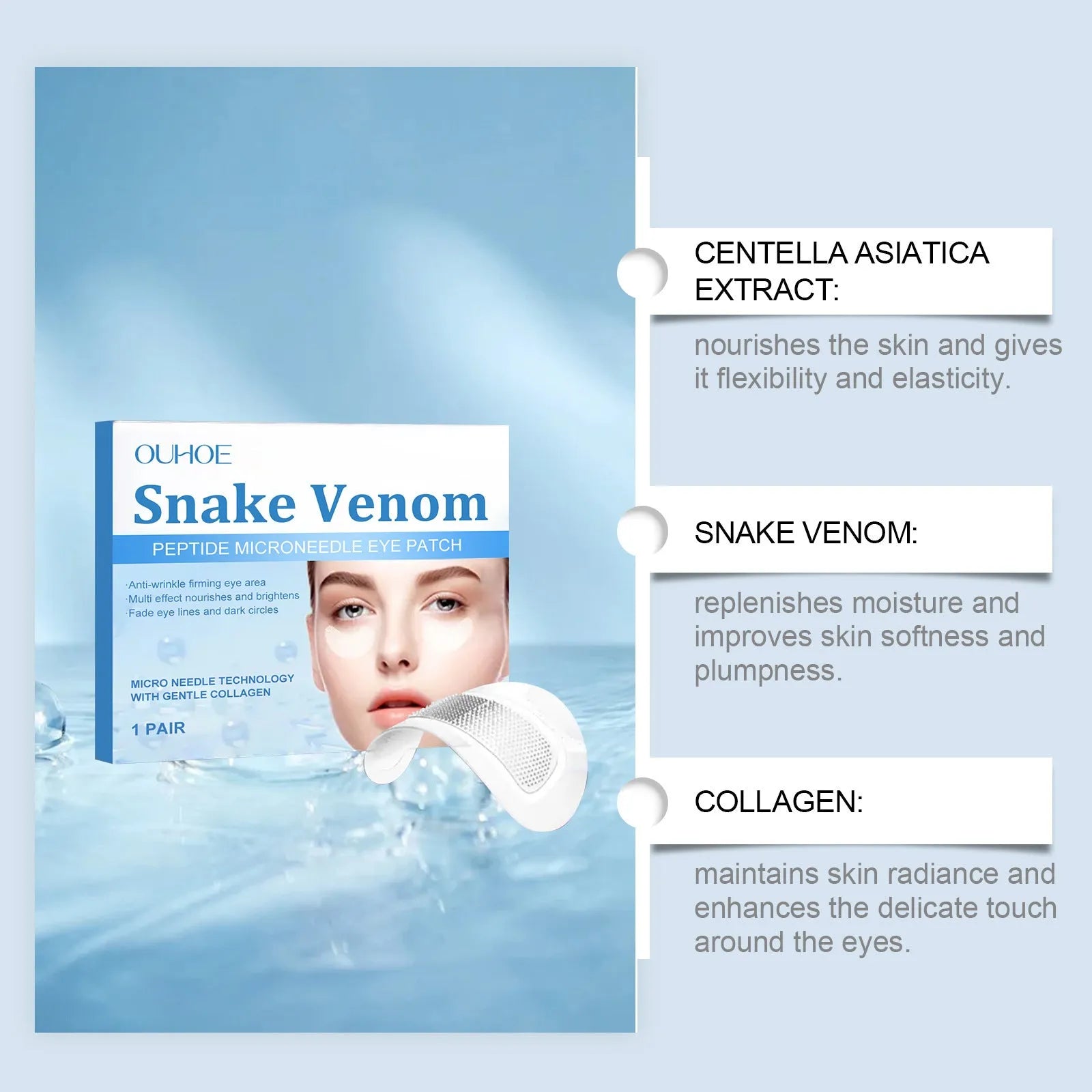 Single pair of elastic microneedle eye care patches on a white background