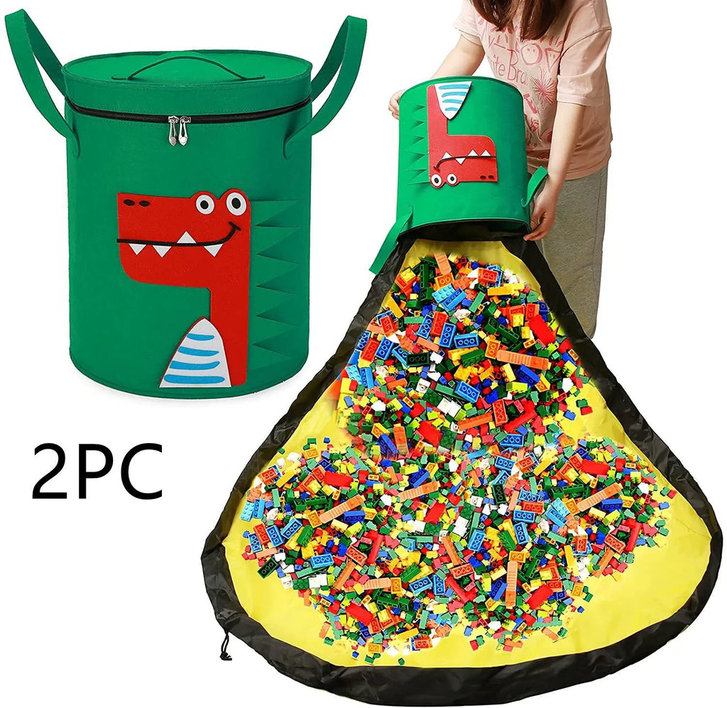 Green felt cube storage bag with pull rope, laid flat as a play mat and gathered into a bag.