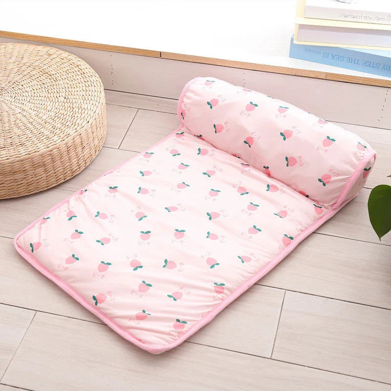 Cooling Breathable Pet Bed made of ice silk fabric with a plush, pillow-like design for superior comfort and cooling relief