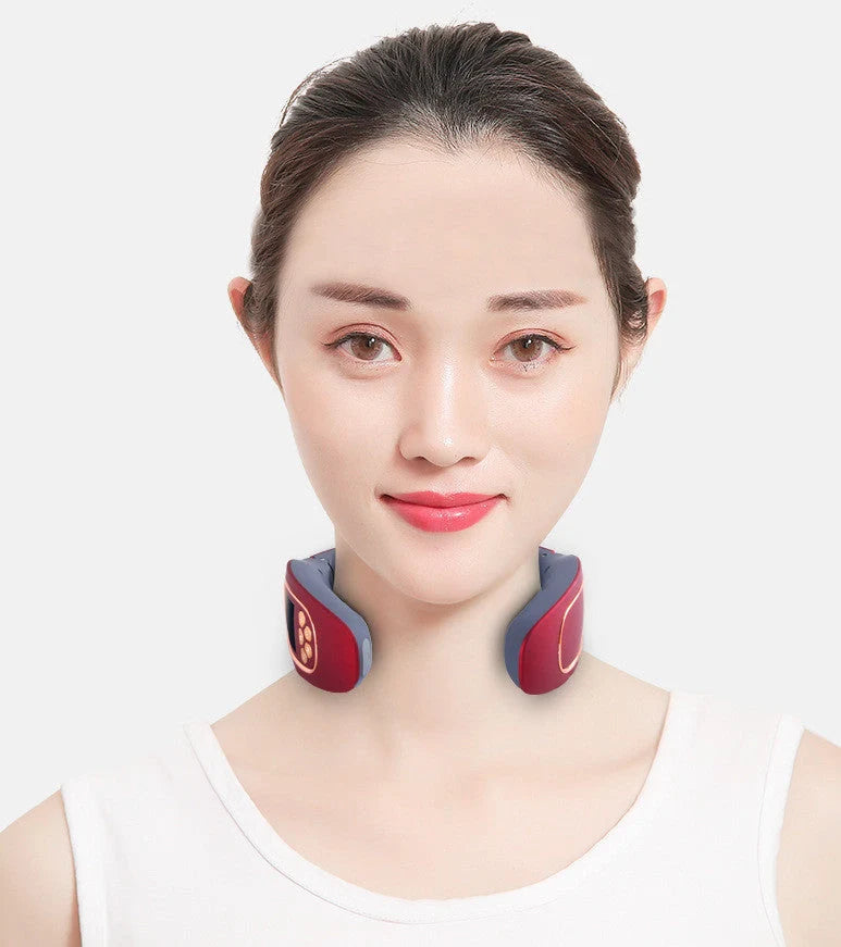Multi-function Intelligent Neck Cervical Massager in white and red, featuring 4 modes and 15 gears