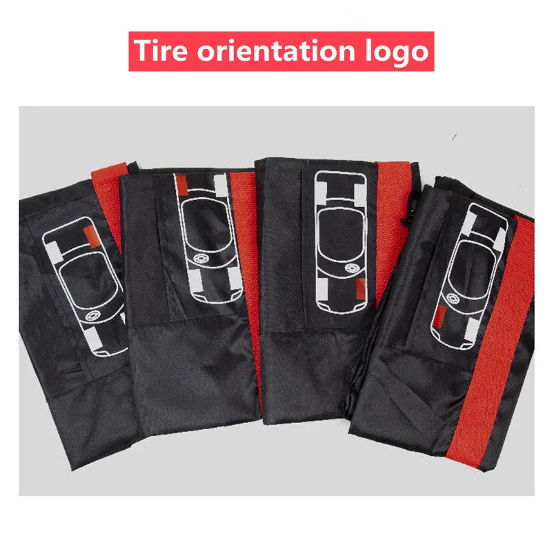 Four black Oxford cloth tyre protective covers laid flat, showing their circular shape and belt-style detailing.