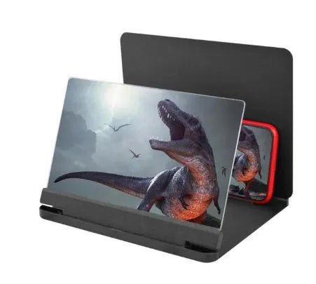 Black portable phone screen amplifier with integrated smartphone holder showing 9-inch plexiglass screen