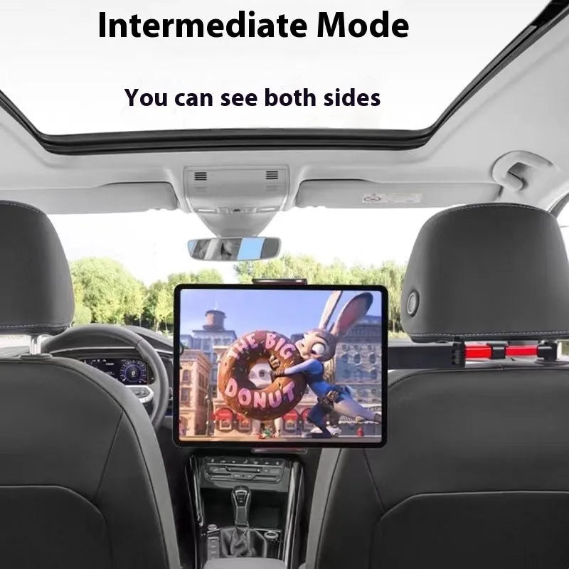 Car back seat mobile phone and tablet mounting stand in black with lace design, showing device in horizontal orientation