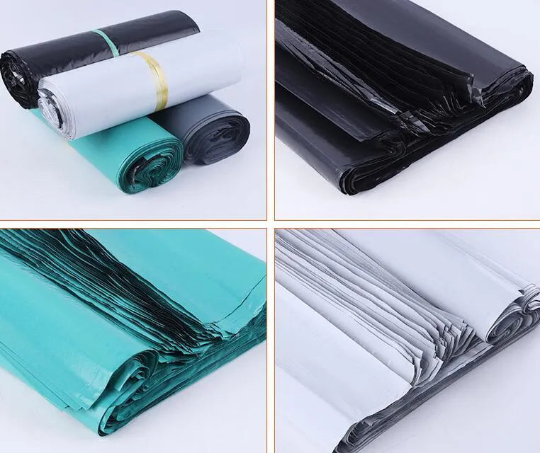 Bundle of 100 clear plastic courier clothing bags in multiple sizes with adhesive closure stickers.