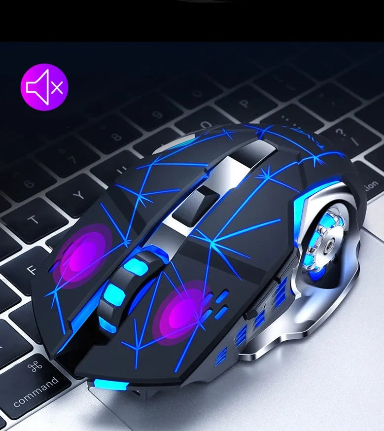 Wireless charging mouse with silent clicks in black or white, showing six buttons and USB connector